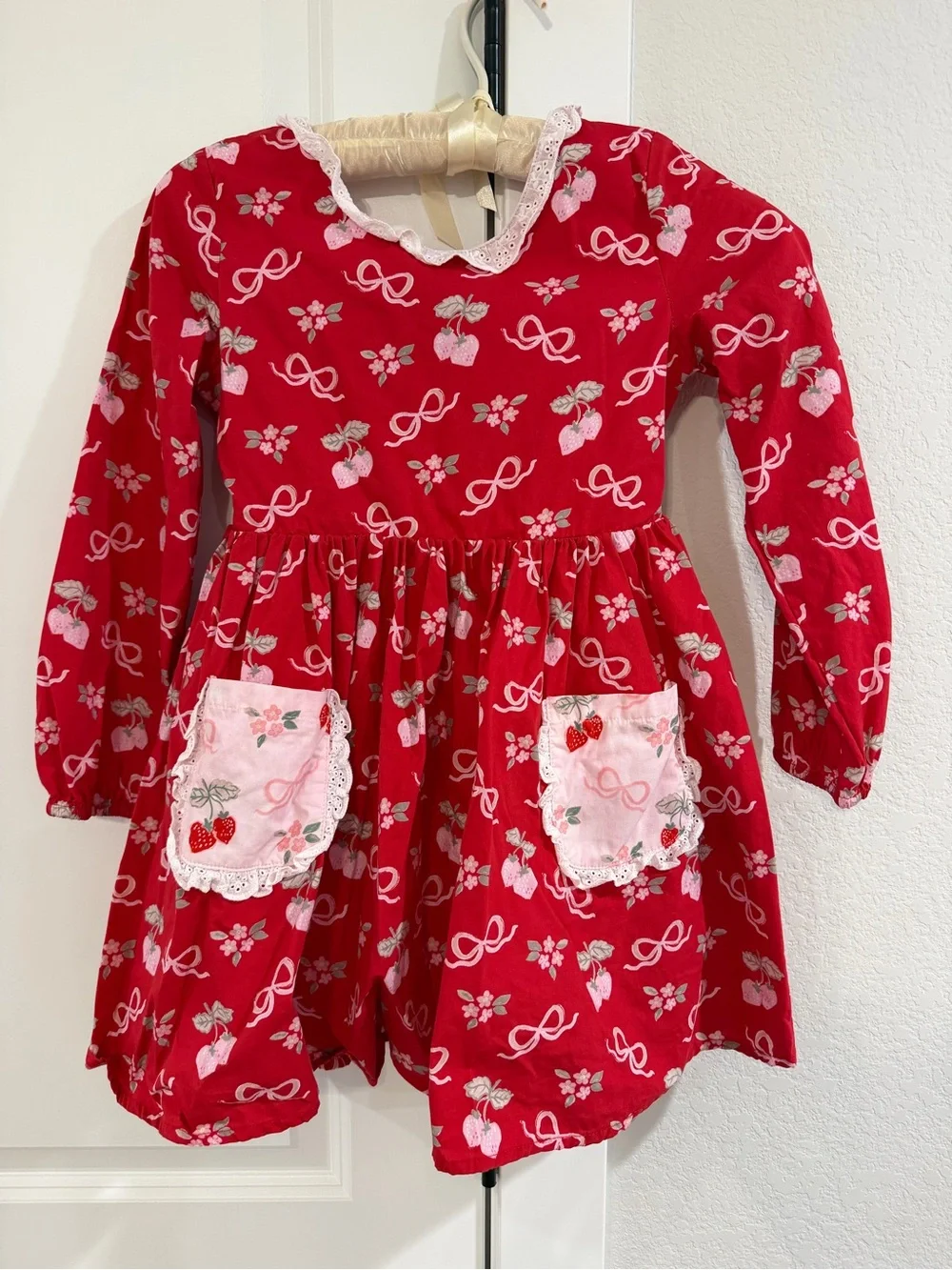 Girls' SweetHoney Red Long-Sleeve Strawberry Dress Set with Shorts Size 10 EUC